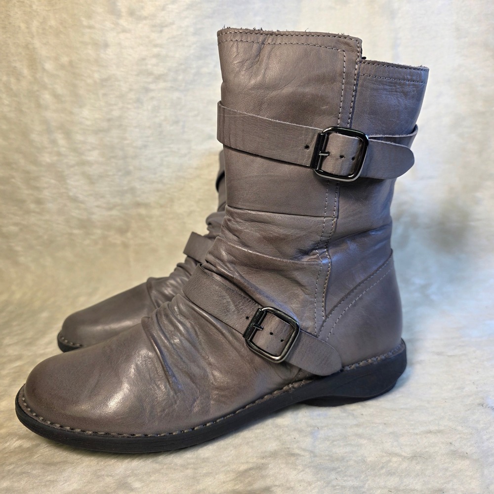 Miz Mooz Pasha Leather Buckle Moto Boots Slouchy Grey Women 38 7 7.5 Excellent